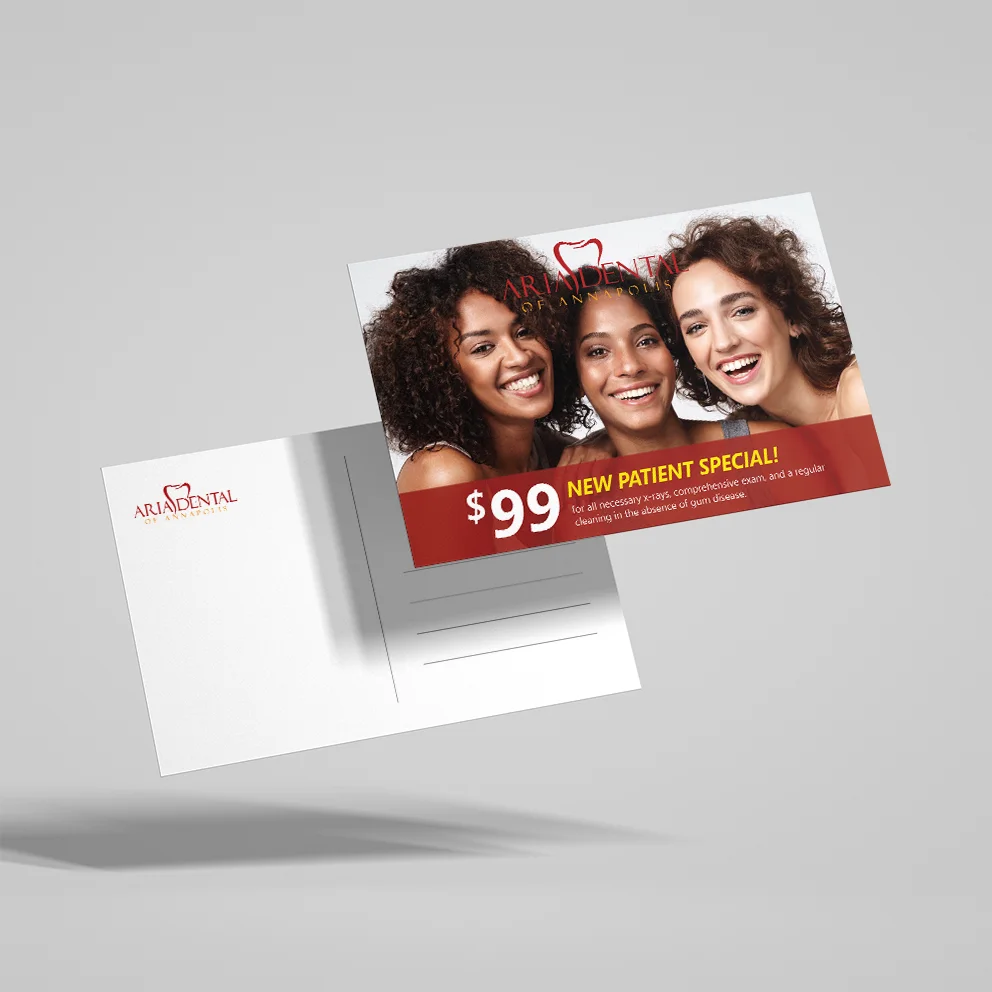 Main view of a postcard design for Aria Dental of Annapolis, featuring a smiling family